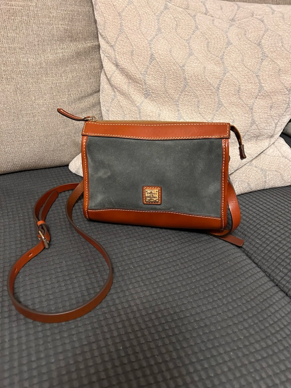 Dooney & Bourke Olive Green Suede Crossbody with Saddle Brown Leather Trim